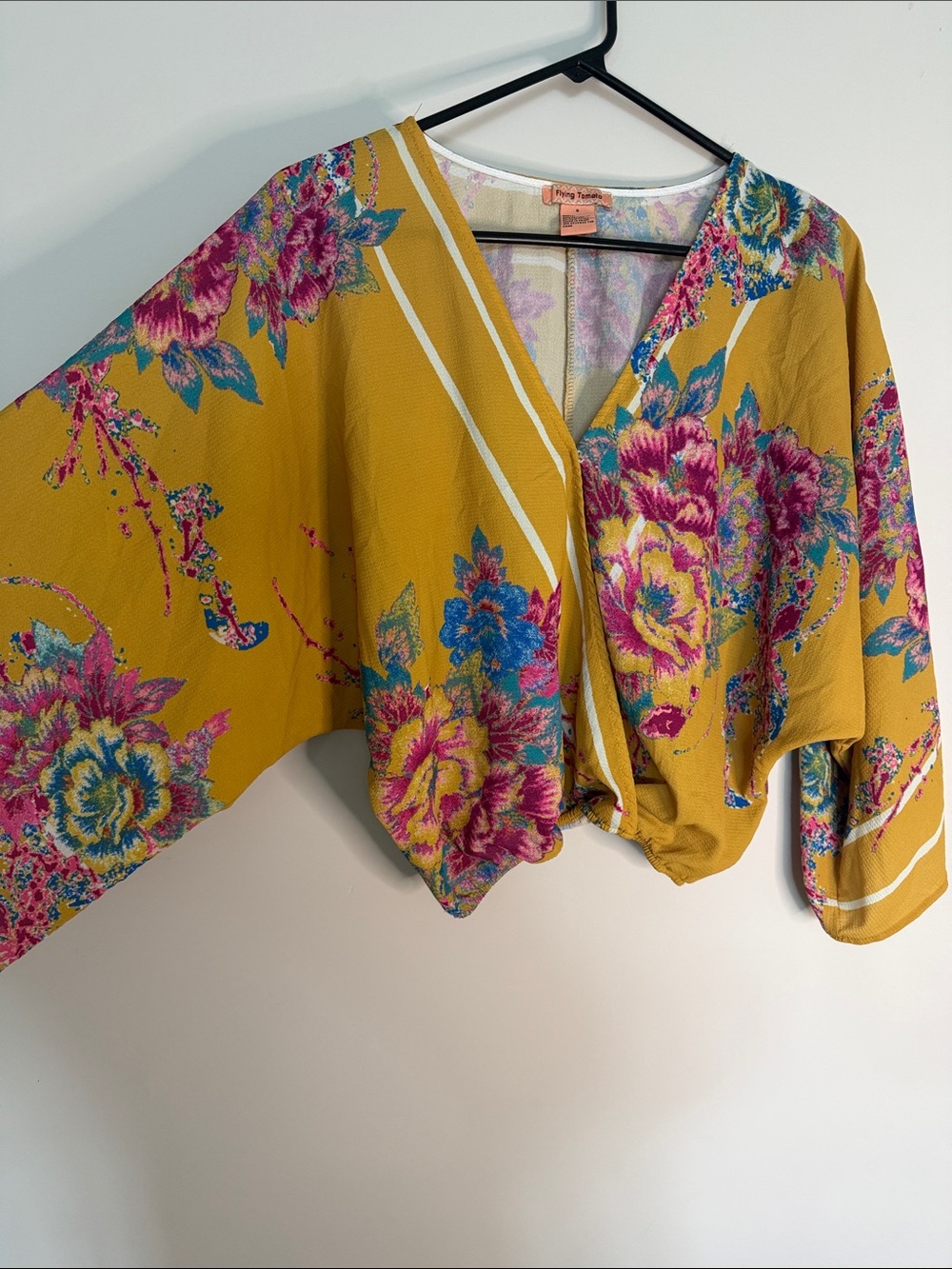 Flying Tomato Mustard Floral Twist-Front Blouse